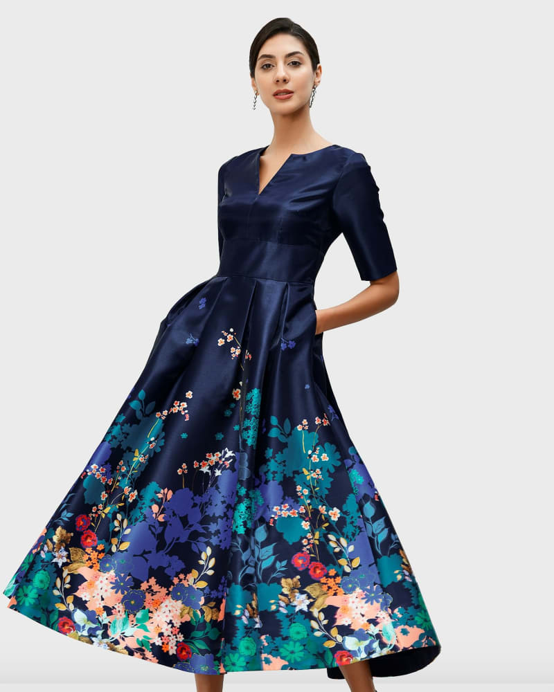 Front of a model wearing a size 3X-24W Placed Floral Print Dupioni Dress in Navy by eShakti. | dia_product_style_image_id:304298